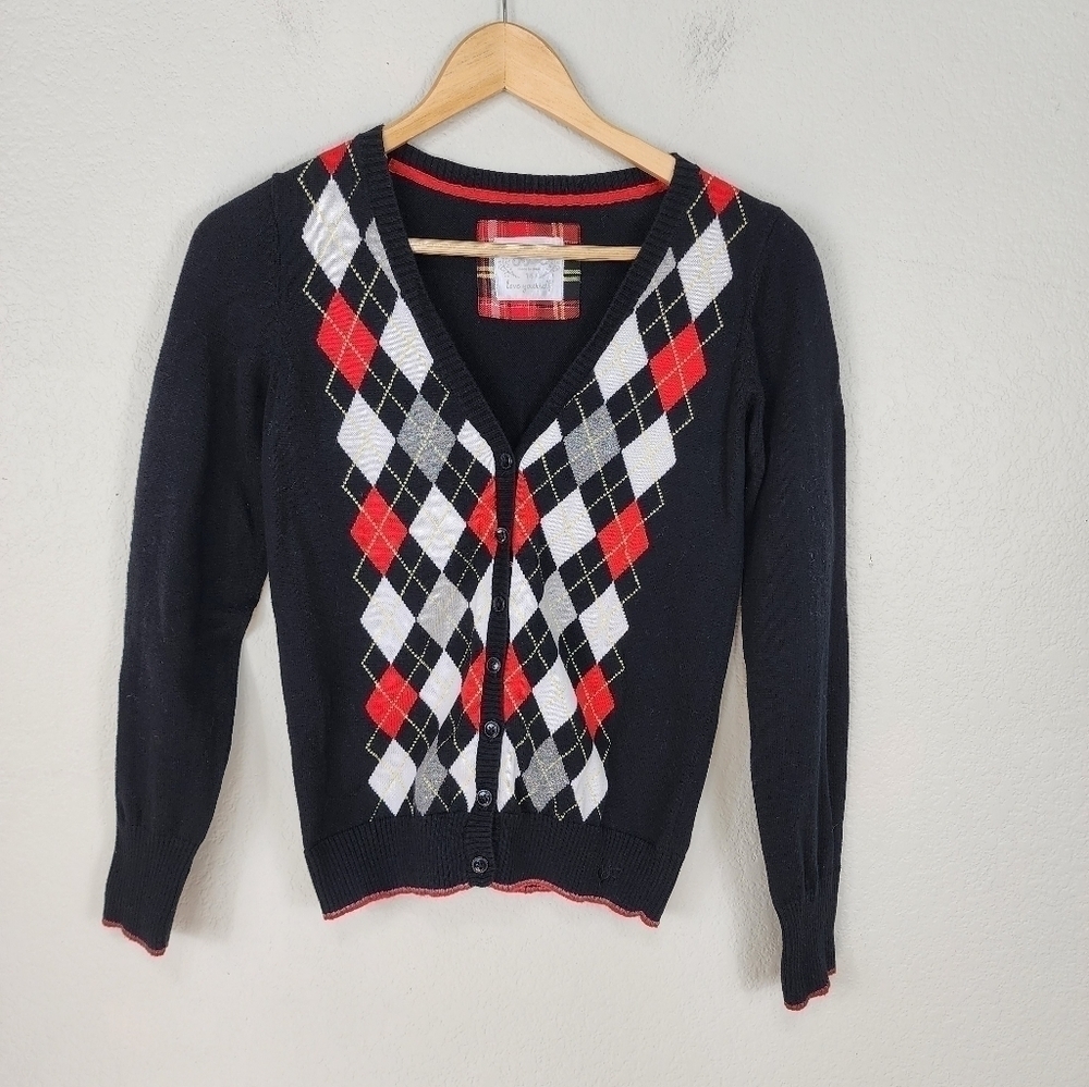 Justice Argyle Black Red White Girls Cardigan Sweater Size 14